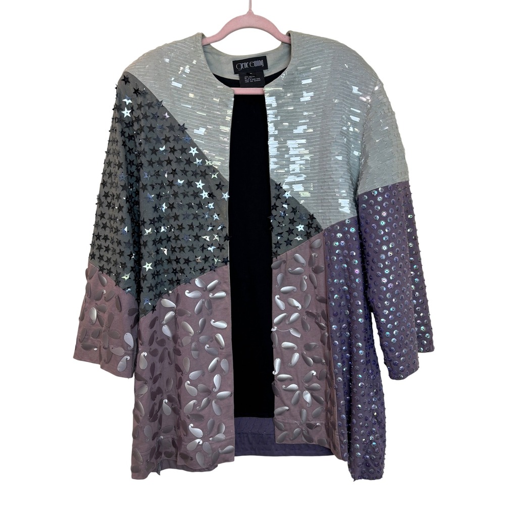 Gene Ewing Sequin Star Jacket Party‎ Coat Embellished Top Size Petite P 1990 90s